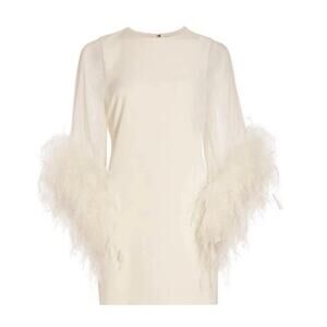 NWT Alice + Olivia‎ Women's White Silk Izola Feather Detail Mini Dress Sz 6 FLAW